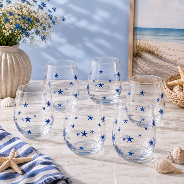Lot de 6 Verres à Eau en Verre – Motifs Étoiles Bleues