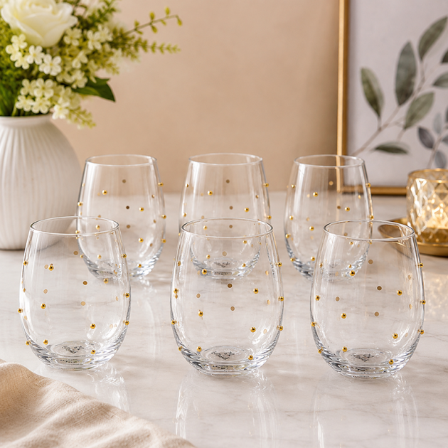 Lot de 6 Verres à Eau en Verre – Décoration Pois Dorés Élégants