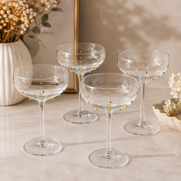 Lot de 4 Coupes à Cocktail en Verre – Décoration Pois Dorés