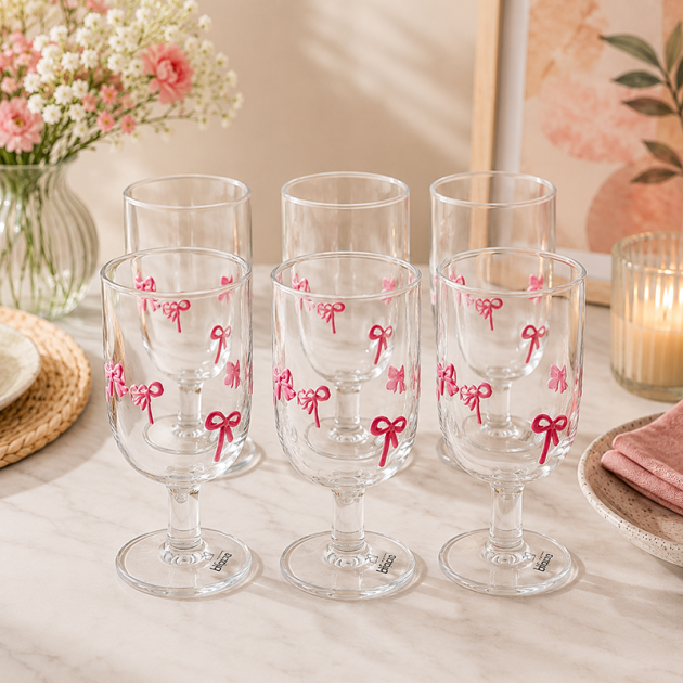 Set de 6 Verres à Pied Décorés de Nœuds Roses