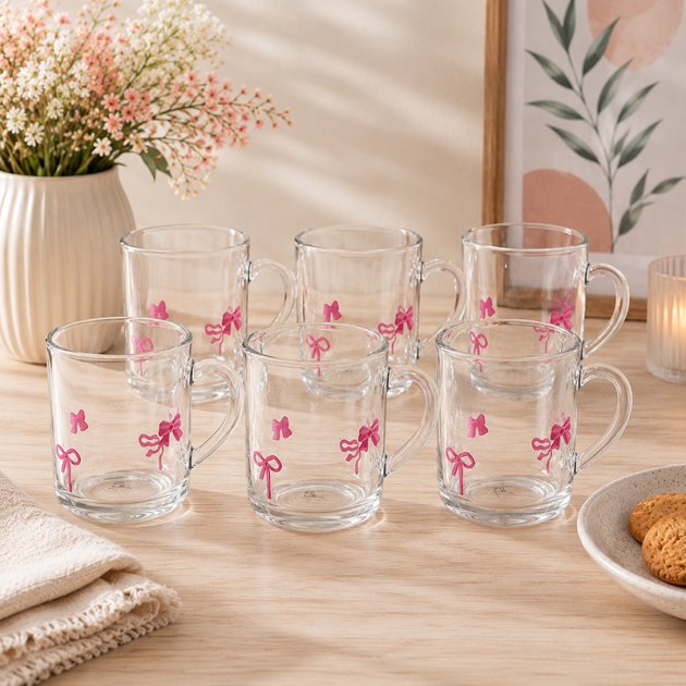 Service de 6 Mugs en Verre avec Motifs Nœuds Roses