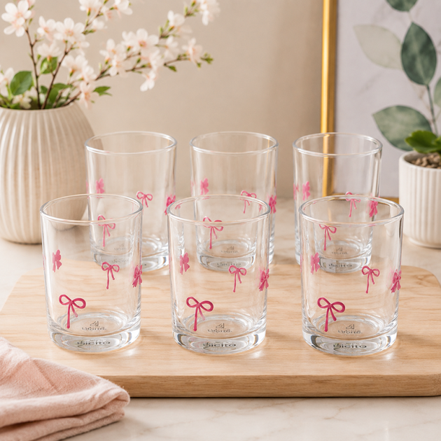 Service de 6 Verres en Verre Décorés de Nœuds Roses