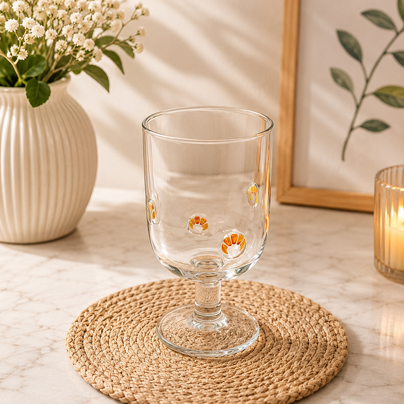 Service de 6 Verres à Pied en Verre avec Motifs Jaune & Orange – Image 2