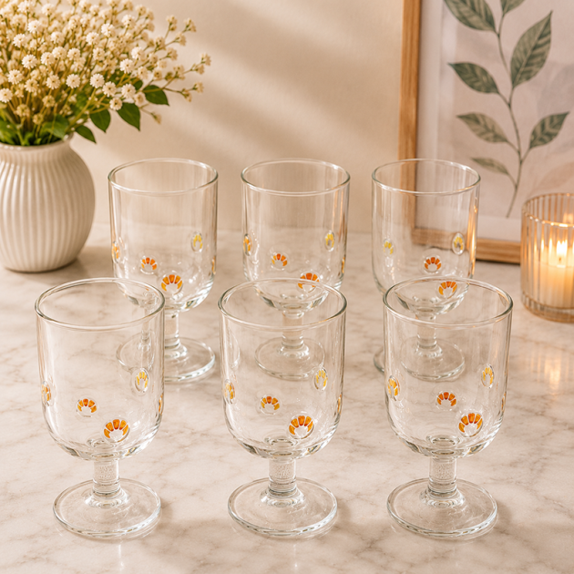 Service de 6 Verres à Pied en Verre avec Motifs Jaune & Orange