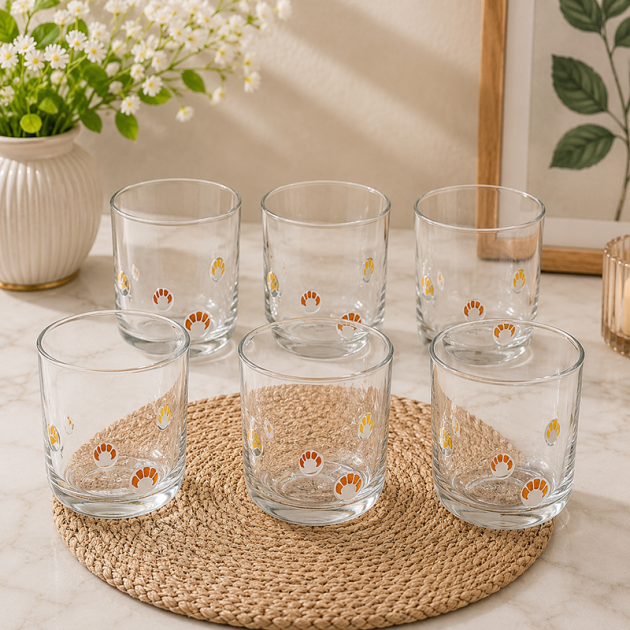 Service de 6 Verres en Verre Transparent avec Motifs Jaune & Orange