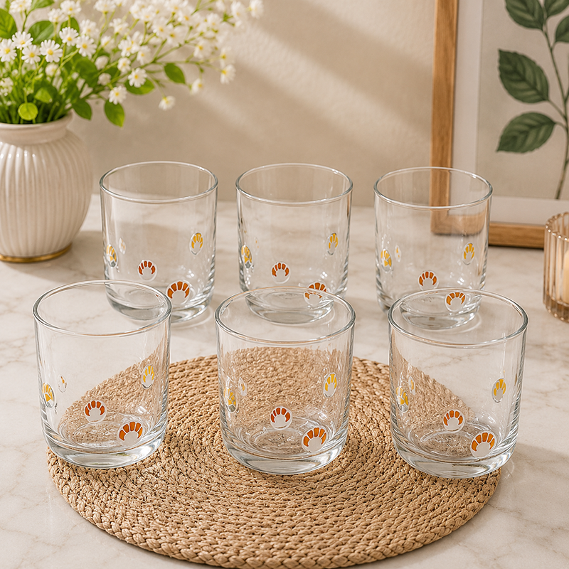 Service de 6 Verres en Verre Transparent avec Motifs Jaune & Orange