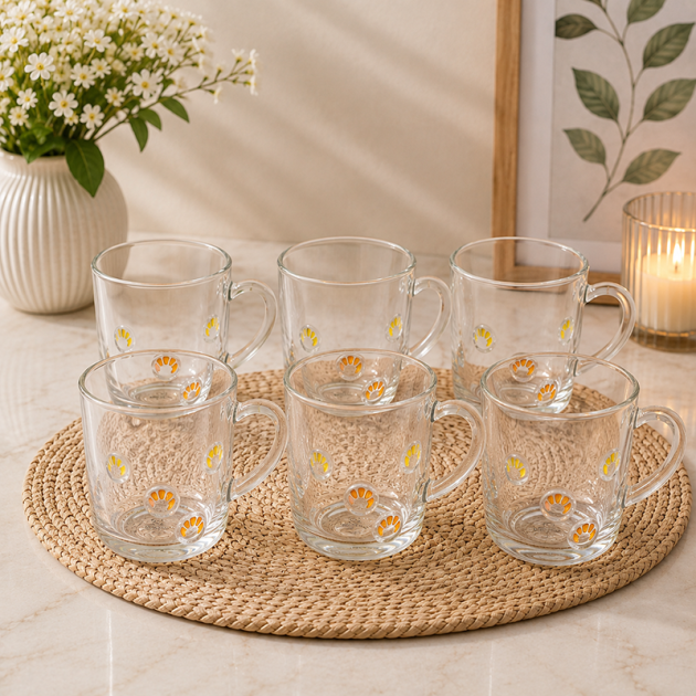 Service de 6 Mugs en Verre Transparent avec Motifs Jaune & Orange
