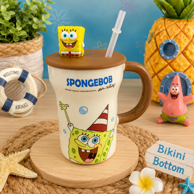 Mug SpongeBob avec Couvercle, Paille et Figurine – Design Original