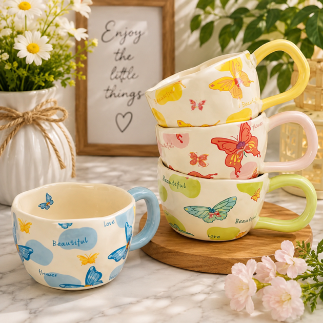 Mug en Céramique Papillons  – Design Floral Élégant & Romantique