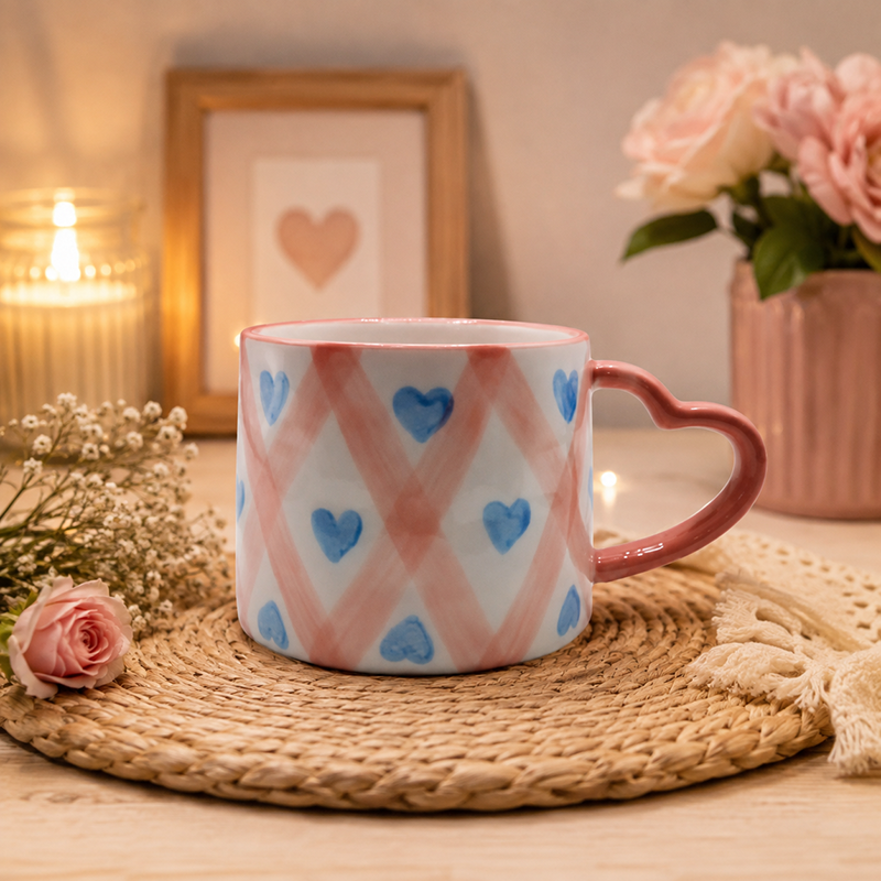 Mug en Céramique avec Anse Cœur – Motif Cœurs Bleus & Rose