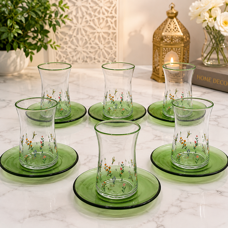 Service à Thé 6 Pièces en Verre – Motif Floral Vert