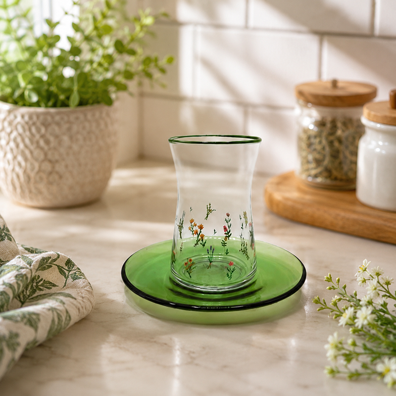 Service à Thé 6 Pièces en Verre – Motif Floral Vert – Image 2