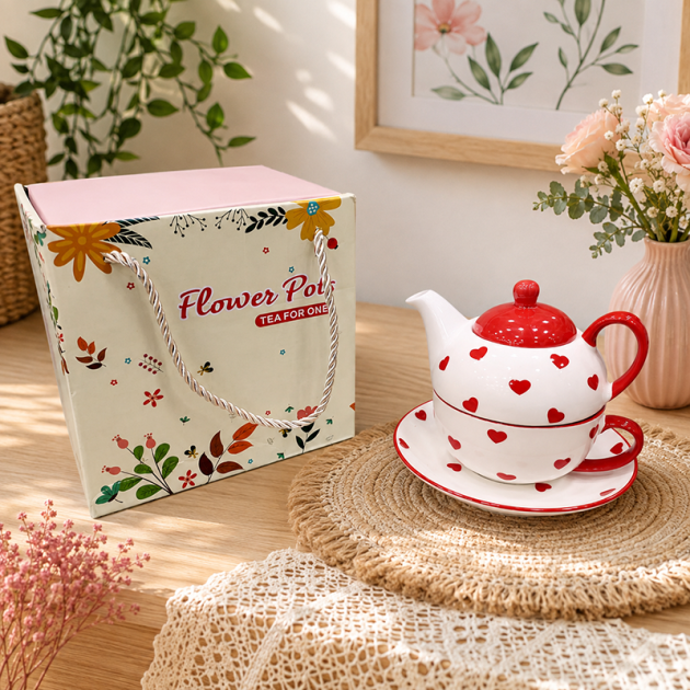 Théière en Céramique avec Tasse – Motif Cœurs Rouges 4 Pièces