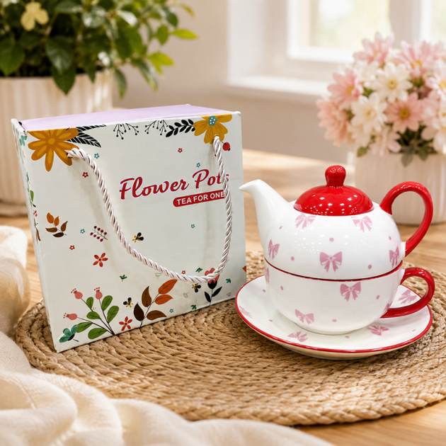 Théière en Céramique avec Tasse – Motif Floral 4 Pièces