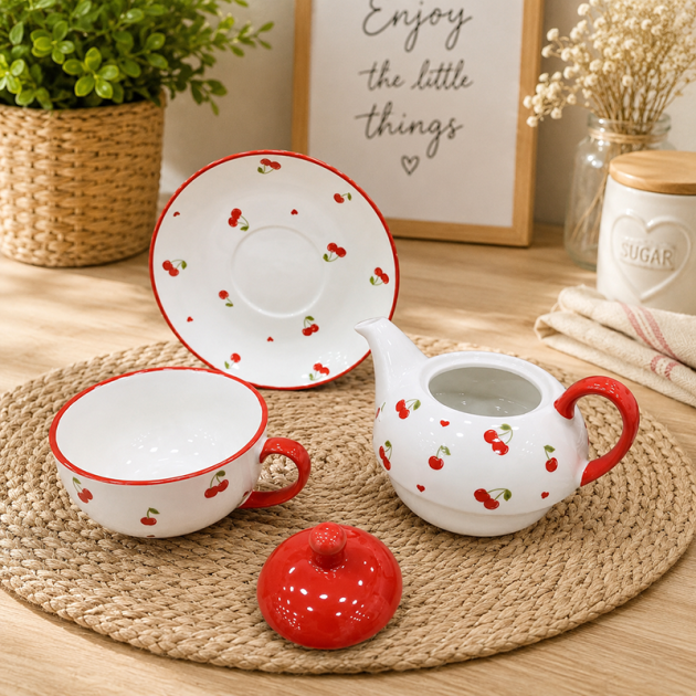 Service à Thé en Céramique Motif Cerises – 4 Pièces