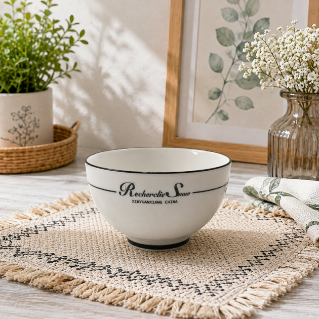 Bol en Céramique Blanc Élégant – Design Classique Noir