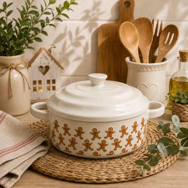 Mini Cocotte en Céramique Blanche avec Motif Bonhommes en Pain d’Épices – Couvercle Amovible.pour une personne