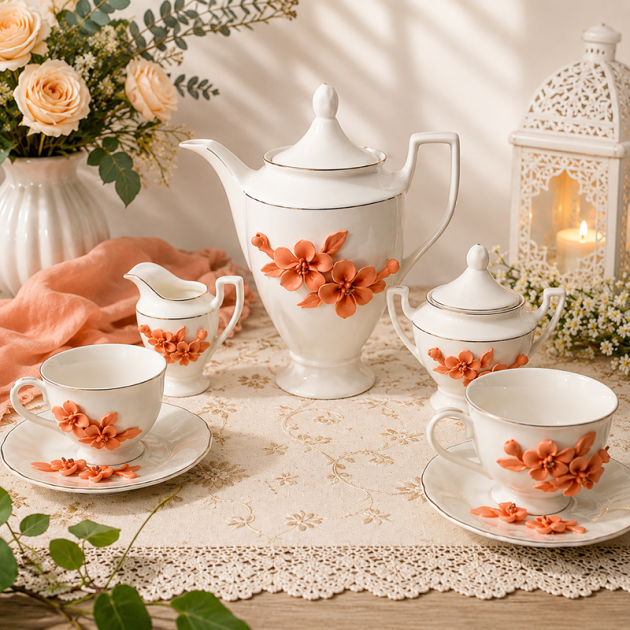 Service à café en ceramique Blanc & Fleurs Corail – Élégant et Raffiné 17 Pièces