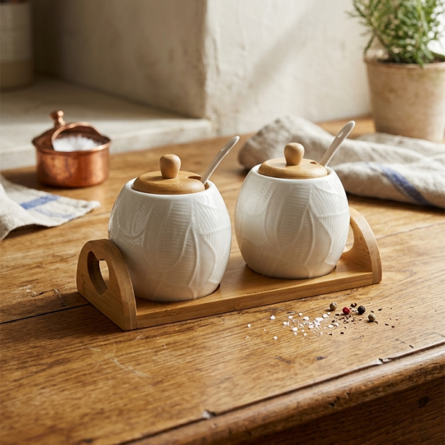Ensemble 2 Pots à Épices en Céramique avec Couvercles en Bambou et Plateau
