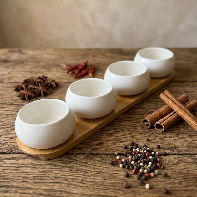 Ensemble de 4 Bols à Épices en Céramique Blanche avec Plateau en Bambou