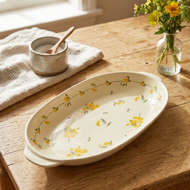 Plat Ovale en Céramique  à Motifs Floraux Jaunes