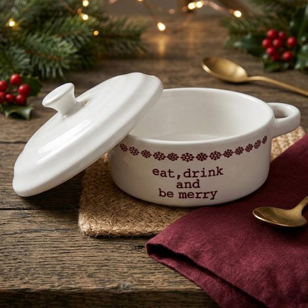 Mini Cocotte en Céramique Blanche avec Couvercle – Design « Eat, Drink & Be Merry »