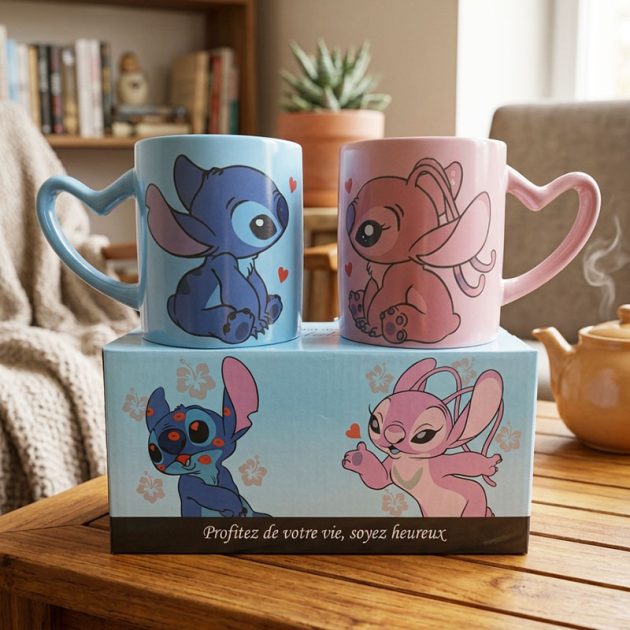 Ensemble de 2 Mugs avec Boîte Cadeau – Design Fantaisie Bleu & Rose