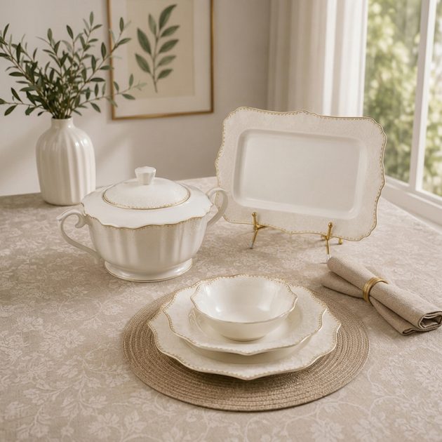 Service de Table Élégant Blanc & Doré – ceramique Raffinée 21 pièces