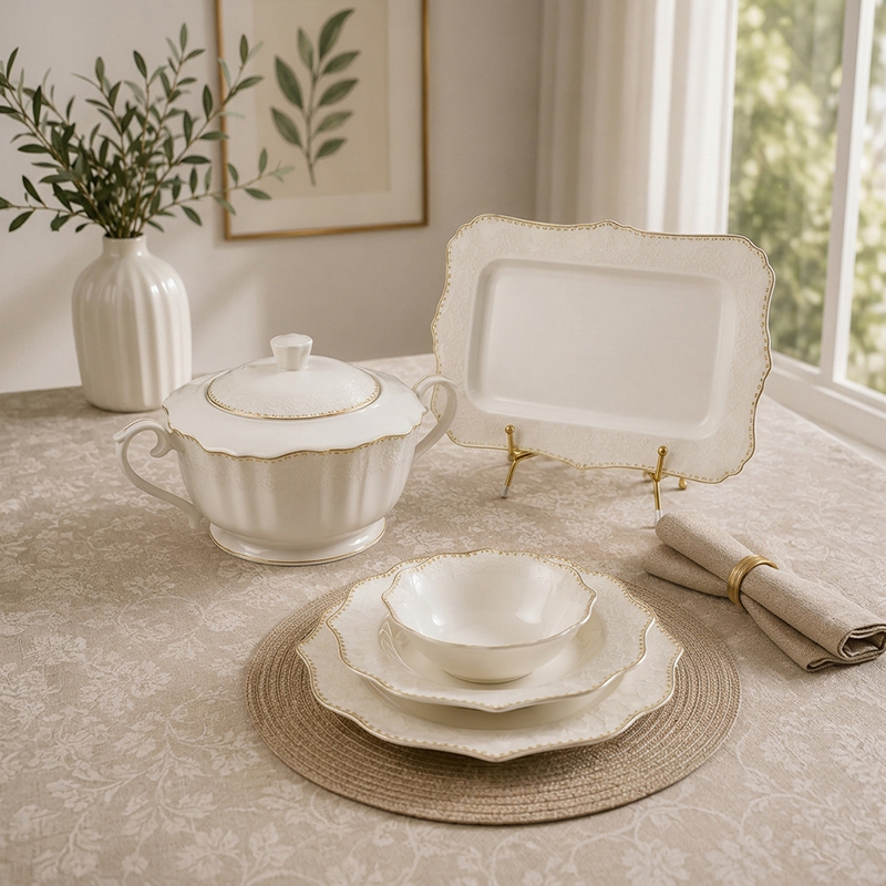 Service de Table Élégant Blanc & Doré – ceramique Raffinée 21 pièces