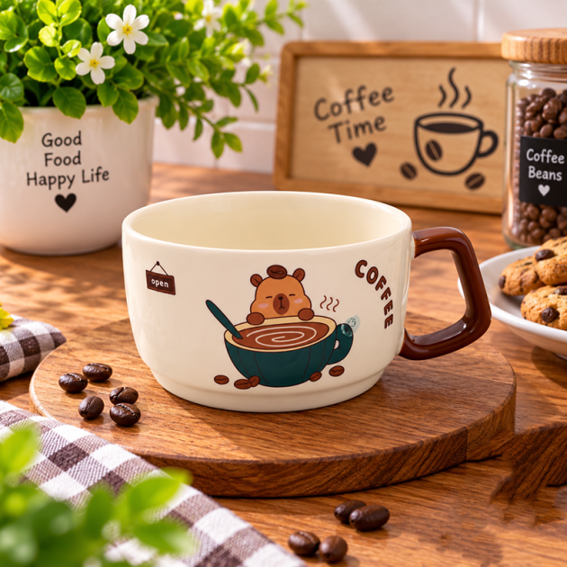 Mug en Céramique Motif Ourson & Café – Anse Marron Originale