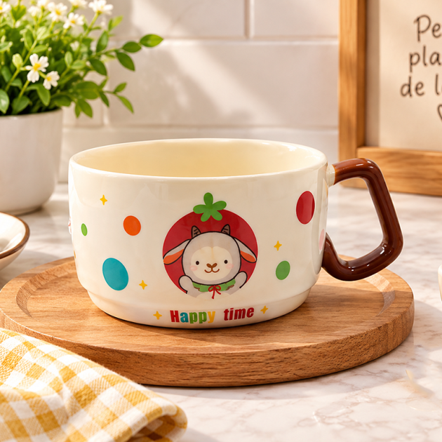 Mug en Céramique “Happy Time” – Motif Mouton Coloré avec Anse Marron
