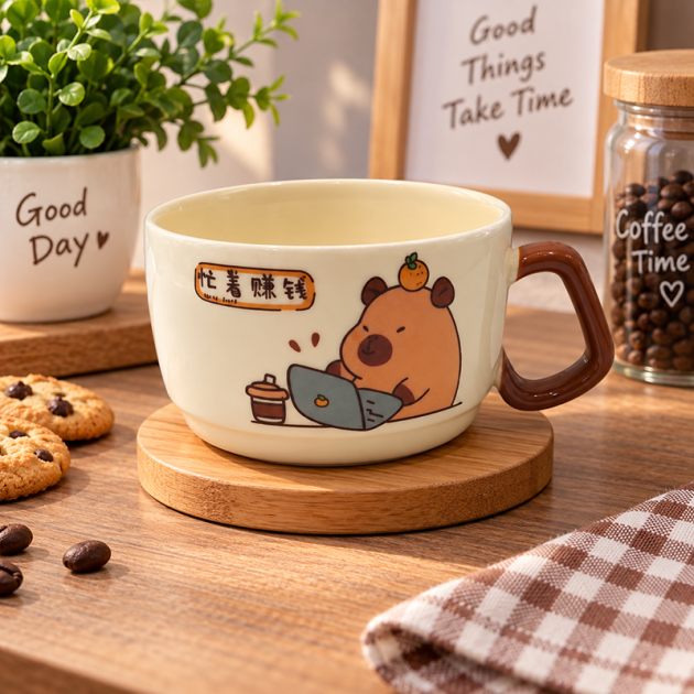Mug en Céramique Motif Ourson & Café – Anse Marron Originale