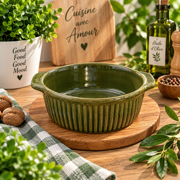 Mini Plat à Four en Céramique Vert Olive avec Anses – Design Élégant et Pratique