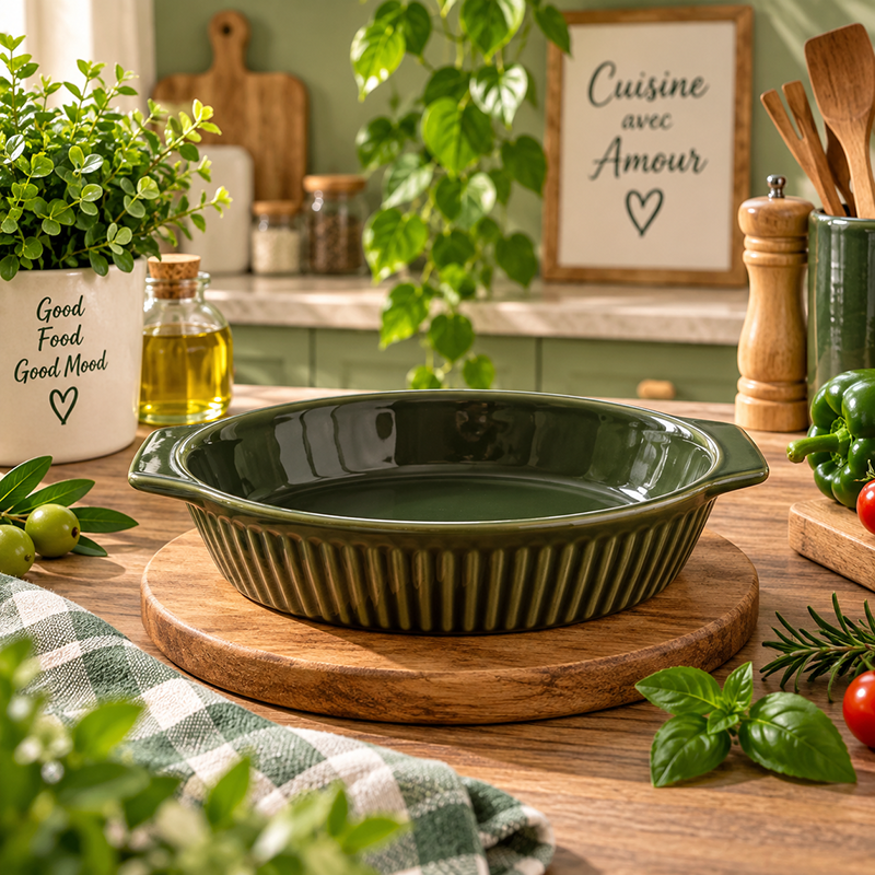 Mini Plat à Four en Céramique Vert Olive avec Anses – Design Élégant