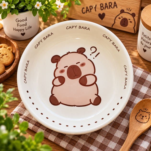 Grand assiette creuse en Céramique CAPY BARA – Motif Cartoon Kawaii 21cm