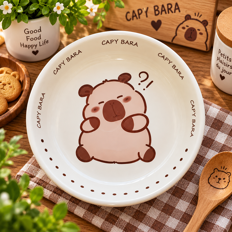 Grand assiette creuse en Céramique CAPY BARA – Motif Cartoon Kawaii 21cm