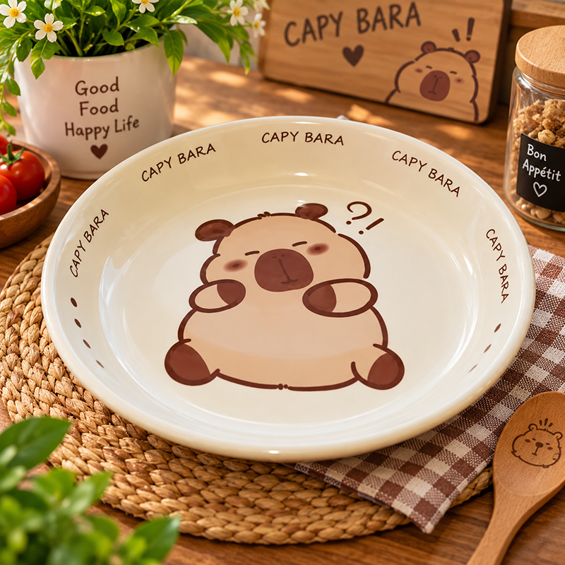 Grand assiette creuse en Céramique CAPY BARA – Motif Cartoon Kawaii 21cm – Image 2