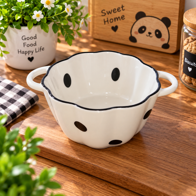 Bol en Céramique avec Anses – Design Pois Noir Élégant et Original
