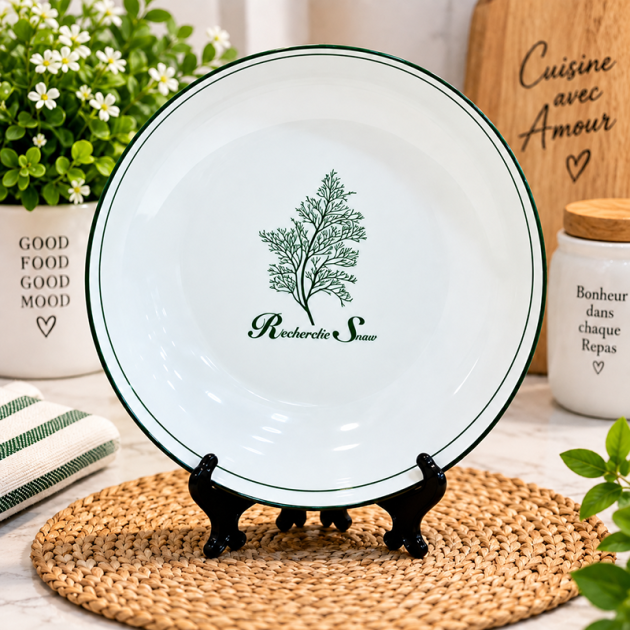 Assiette Plate en Céramique Blanche – Design Arbre Élégant & Bord Noir