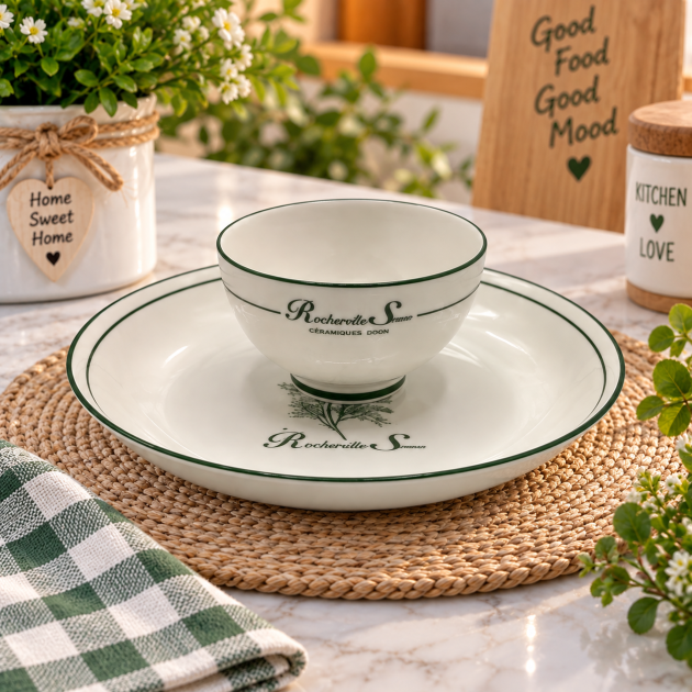 Ensemble Bol & Assiette en Céramique – Vert Élégant