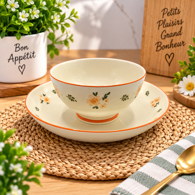 Bol avec assiette creuse en Céramique – Motif Floral Vintage & Bord Orange