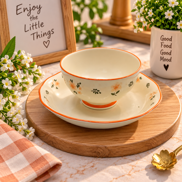 Bol avec assiette creuse en Céramique – Motif Floral Vintage & Bord Orange