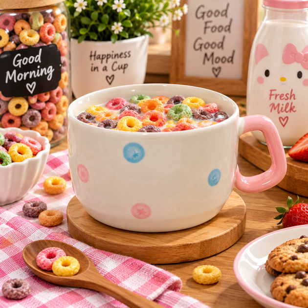 Grand Mug en Céramique Blanc avec Motifs Pastel – Anse Rose
