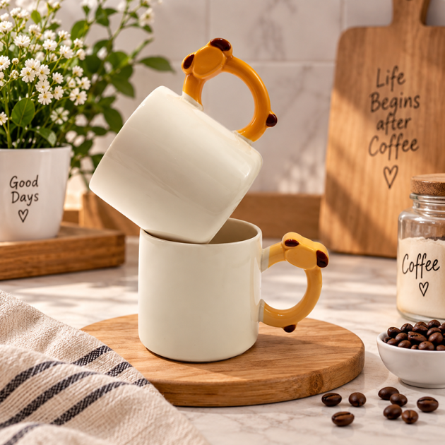 Mug en Céramique avec Anse Animal – Design Original Jaune.orange & Blanc