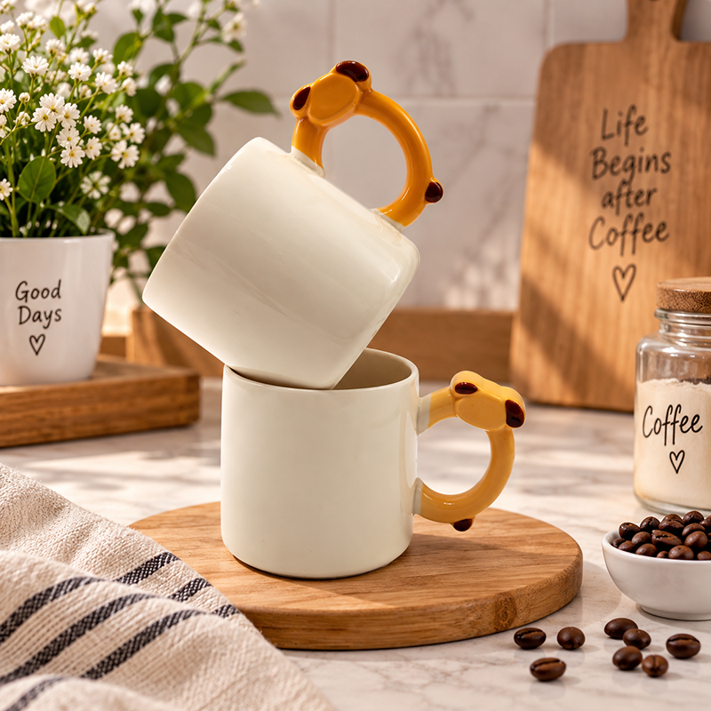 Mug en Céramique avec Anse Animal – Design Original Jaune.orange & Blanc