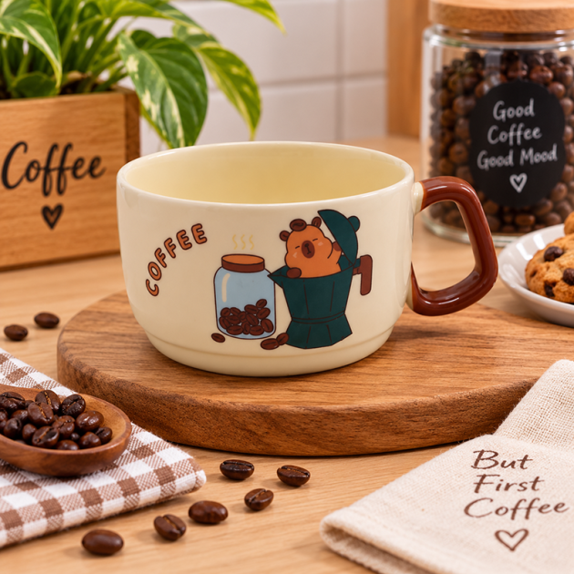 Mug en Céramique Motif Ourson & Café – Anse Marron Originale