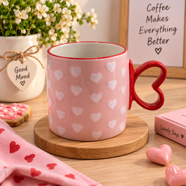 Mug Rose avec Motifs Cœurs et Anse en Forme de Cœur