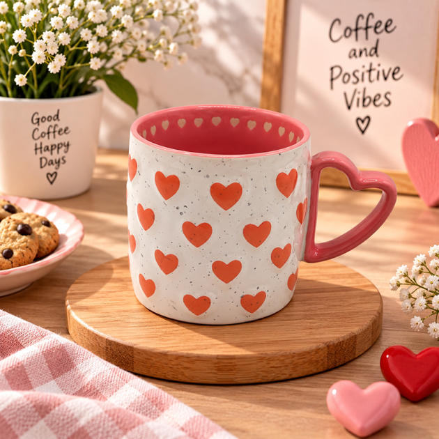 Mug en Céramique Motif Cœurs avec Anse en Forme de Cœur – Rose & Blanc