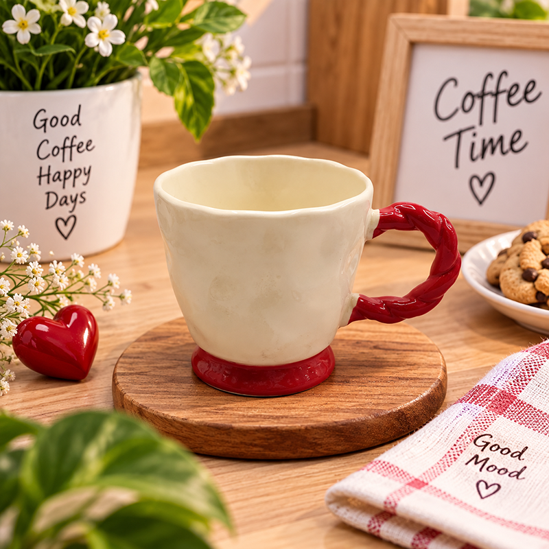 Mug en Céramique Blanc et Rouge avec Anse Torsadée – Design Élégant – Image 2