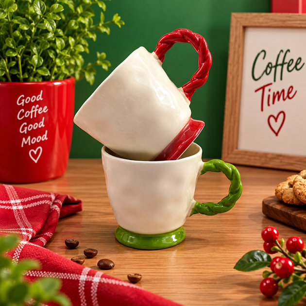 Mug en Céramique Blanc et Rouge avec Anse Torsadée – Design Élégant